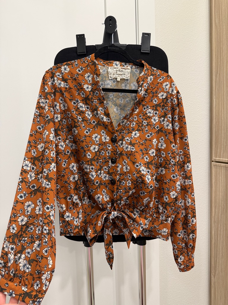 Pink Martini Rust Floral Tie-Front Blouse